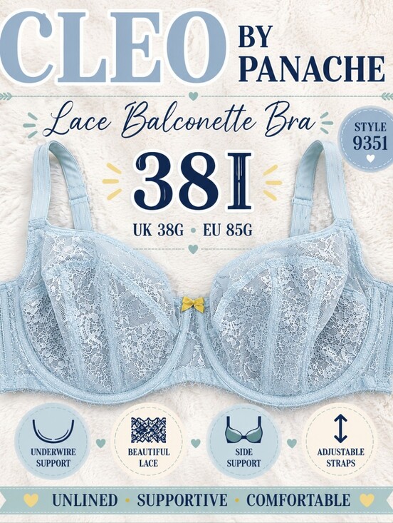 cleo Other - Cleo by Panache 38I 38G UK Blue Lace Balconette Underwire Bra 9351 Unlined